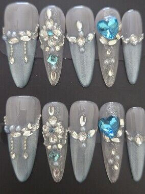 Hand Crafted Gray Press-On Nail Set with Teal Crystal Accents